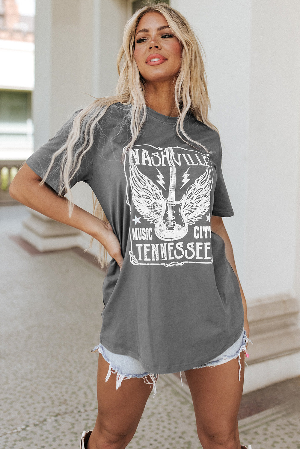 Grey Guitar Print Graphic Oversized Band Tee