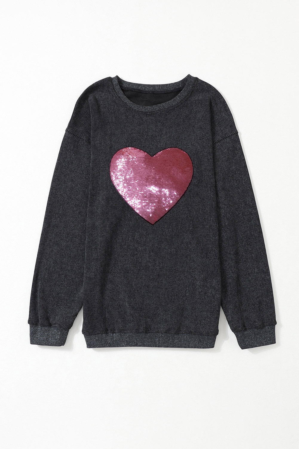 Black Corded Sequin Heart Graphic Crewneck Sweatshirt