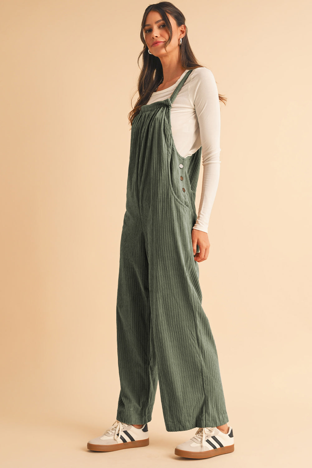 Jungle Green Plain Pocketed Loose Fit Corduroy Overalls