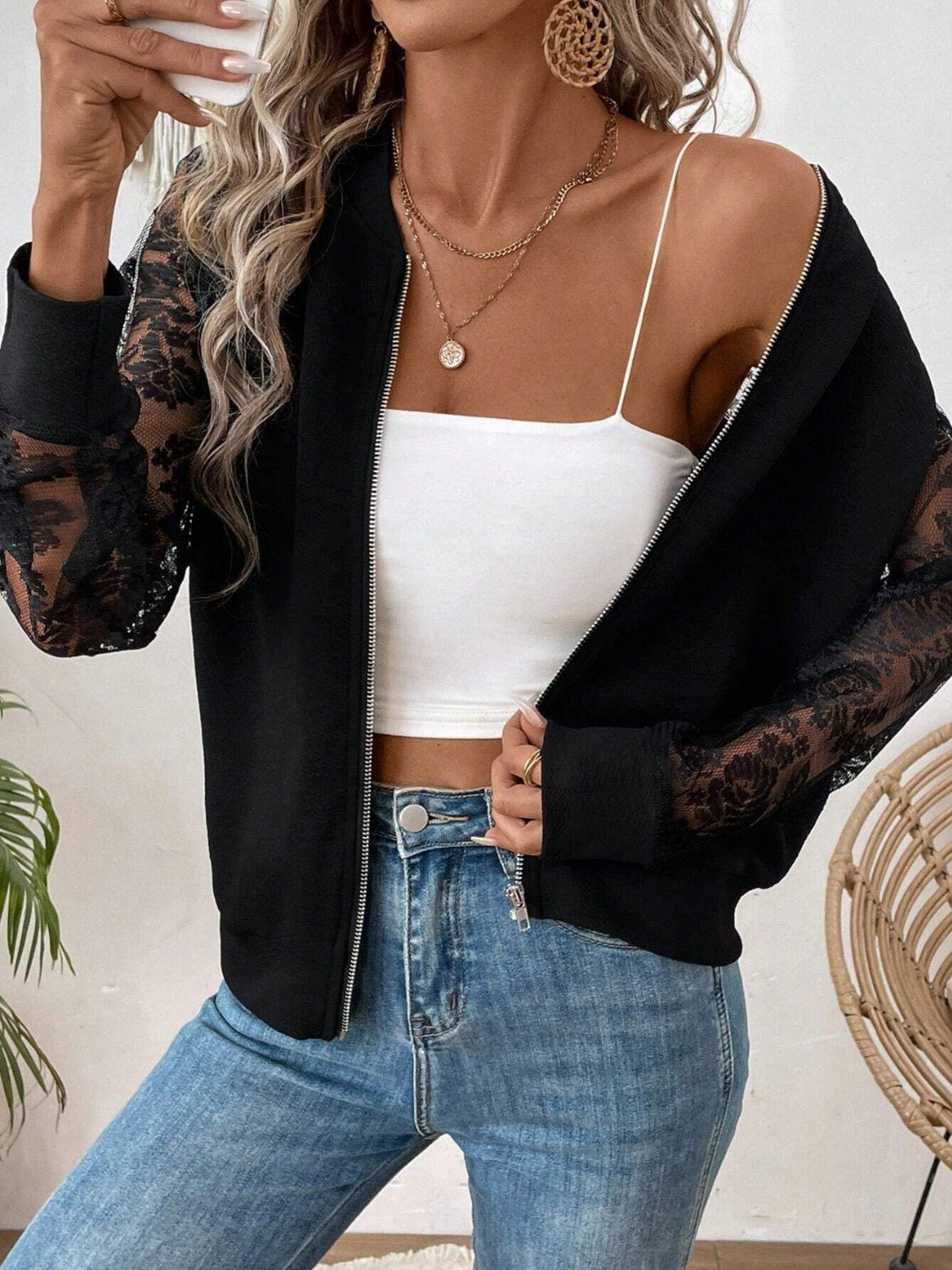 Lace Baseball Collar Zip Up Jacket