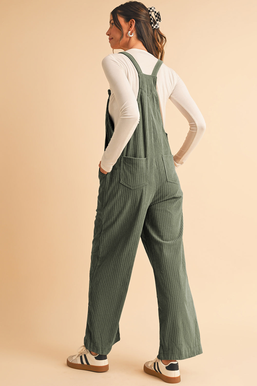 Jungle Green Plain Pocketed Loose Fit Corduroy Overalls