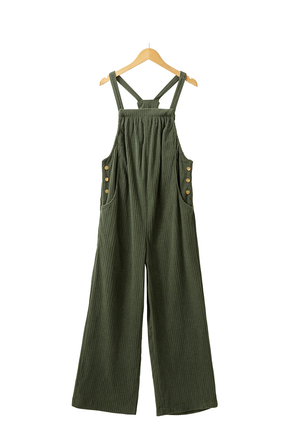 Jungle Green Plain Pocketed Loose Fit Corduroy Overalls