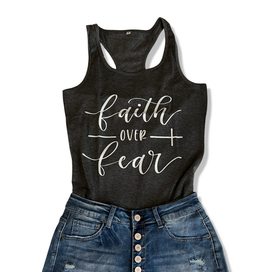 “Faith Over Fear” Racerback Tank, Dark Grey