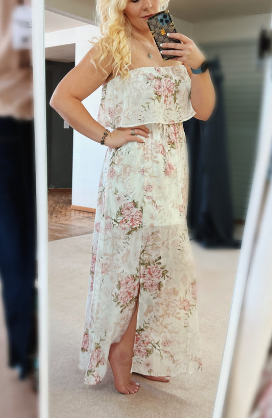 Pink Ruffle Floral Strapless Maxi Dress