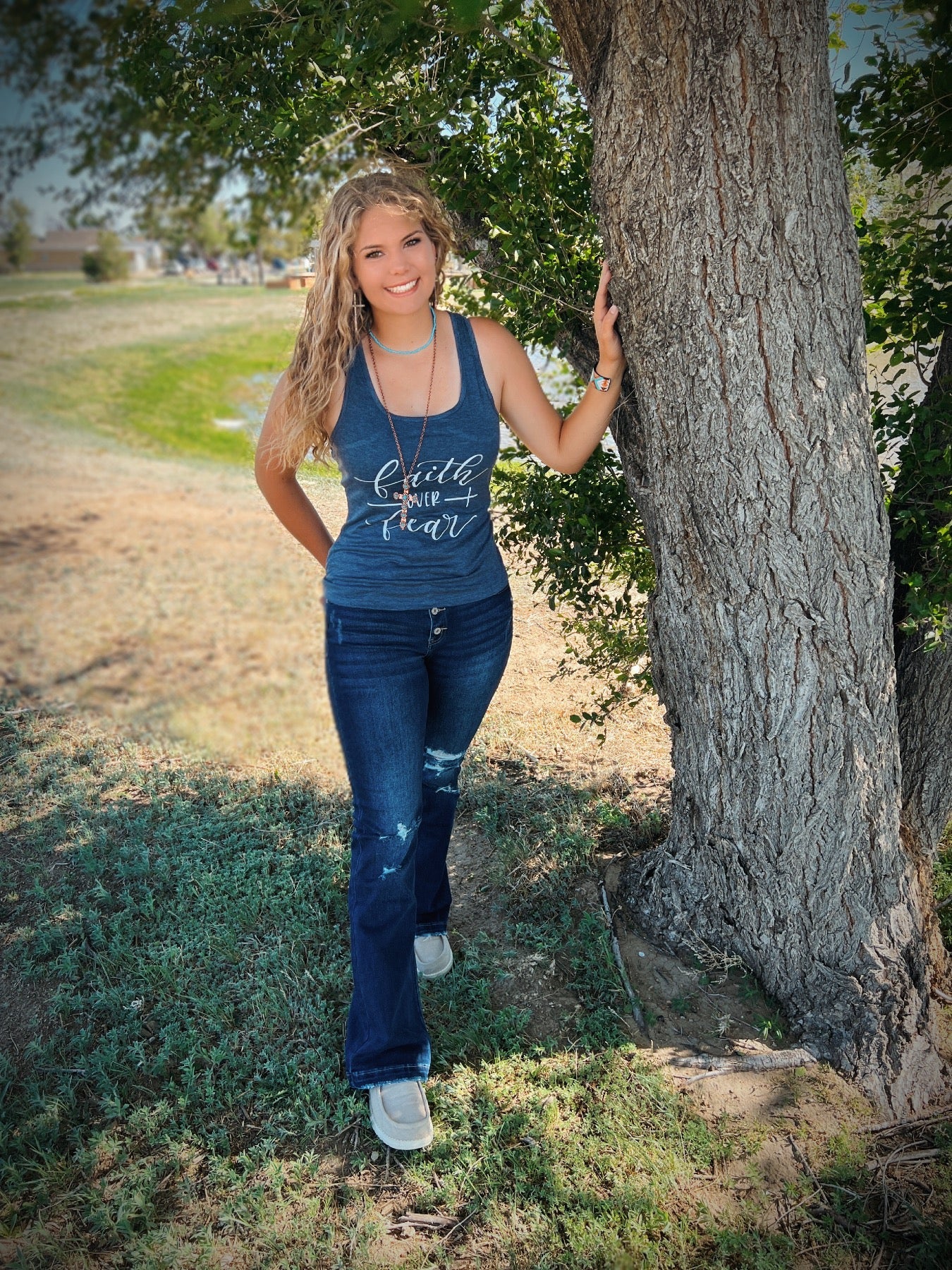 Faith Over Fear Racerback Tank- Dark Blue